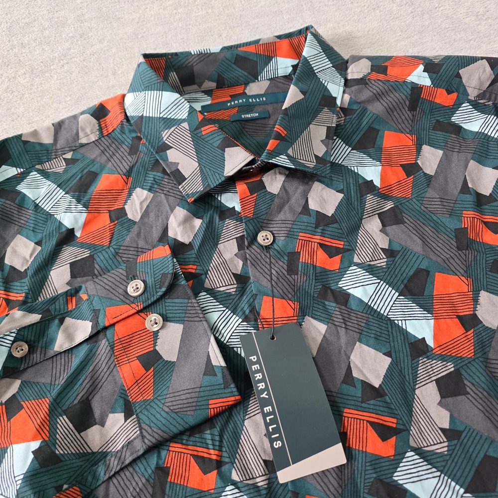 Perry Ellis Men Geometric Abstract Print Stretch Button Down Shirt Teal Orange L